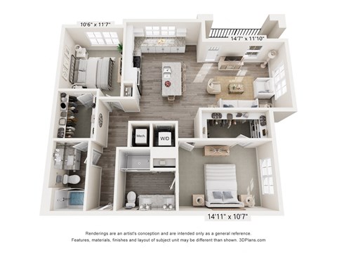 Floor plan for 2 beds, 2 baths, 1118 sqft